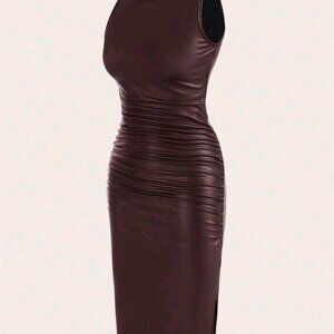 SHEIN EZwear Drawstring Split Thigh PU Leather Bodycon Long Summer Dress